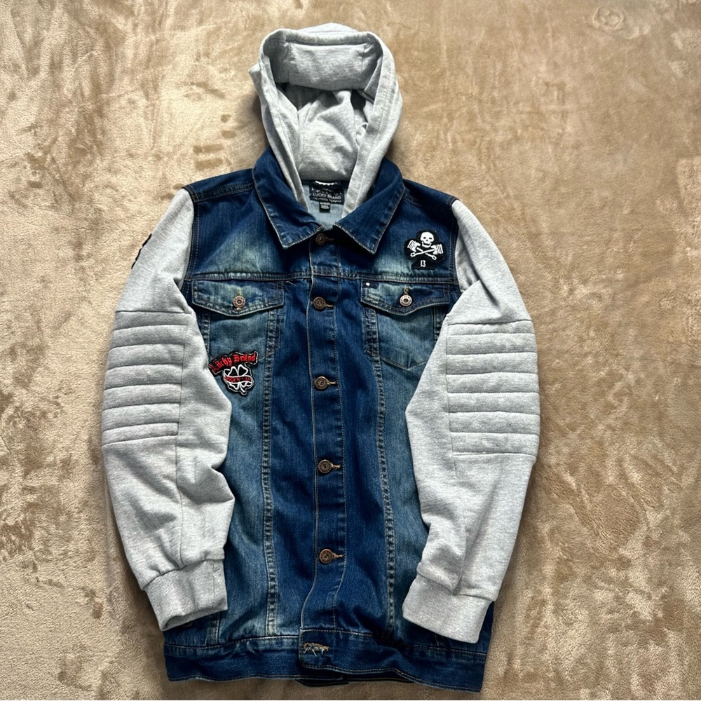 Vintage Lucky Brand Blue Denim Jacket with Gray Jogger Sleeves and Hoodie Sz XL